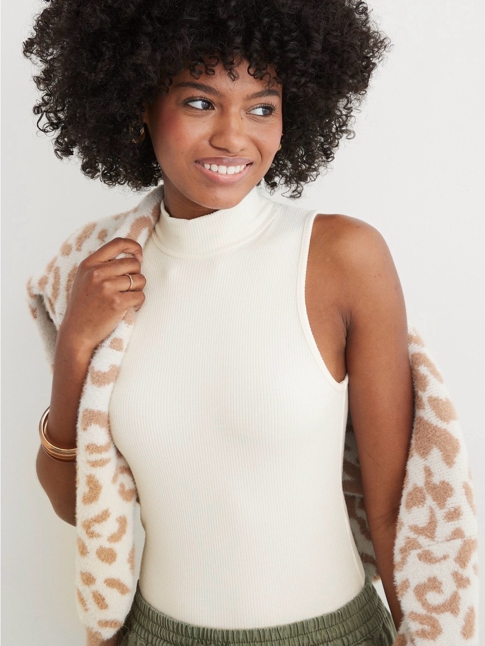 Aerie Mock Neck Cream Ribbed Bodysuit